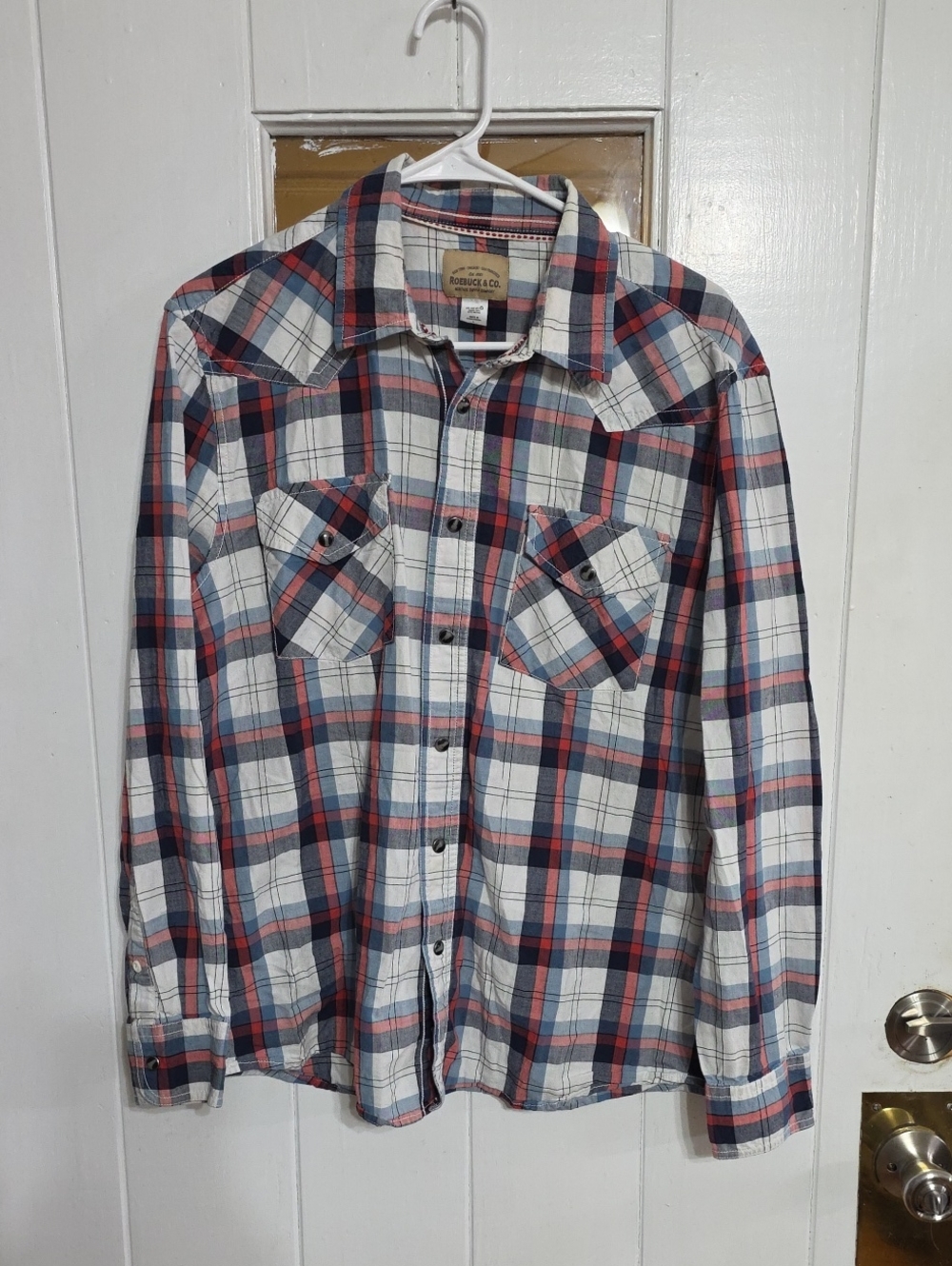 VTG ? Roebuck & Co. Men's Pearl Snap Plaid White, Blue & Red Cotton Sz L EUC